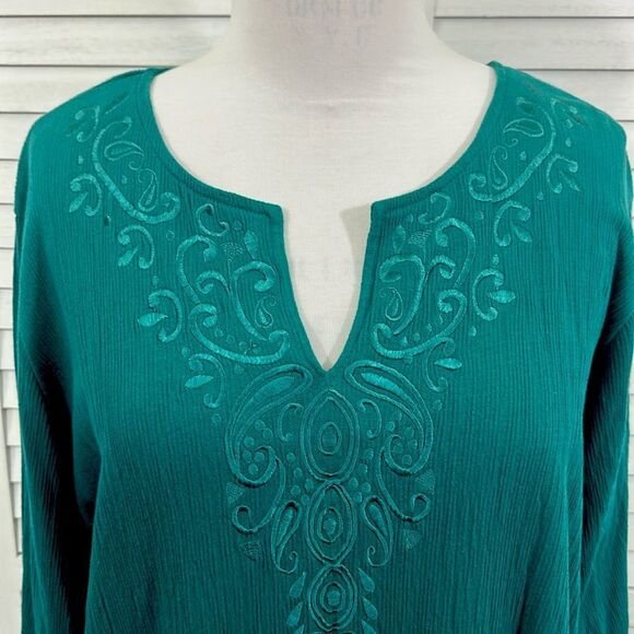 Woman Within Swing Dress 1X Gauzey Embroidered Teal - Picture 3 of 13